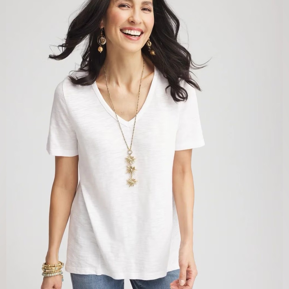 Chico’s Cotton Slub Side Slit Elbow Sleeve V-Neck Tee Chico’s 3 (XL) Alabaster